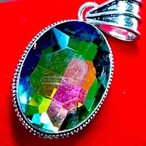 Mystic Topaz Silver TONE Pendant Oval Faceted Rainbow Gemstone Necklace 0433